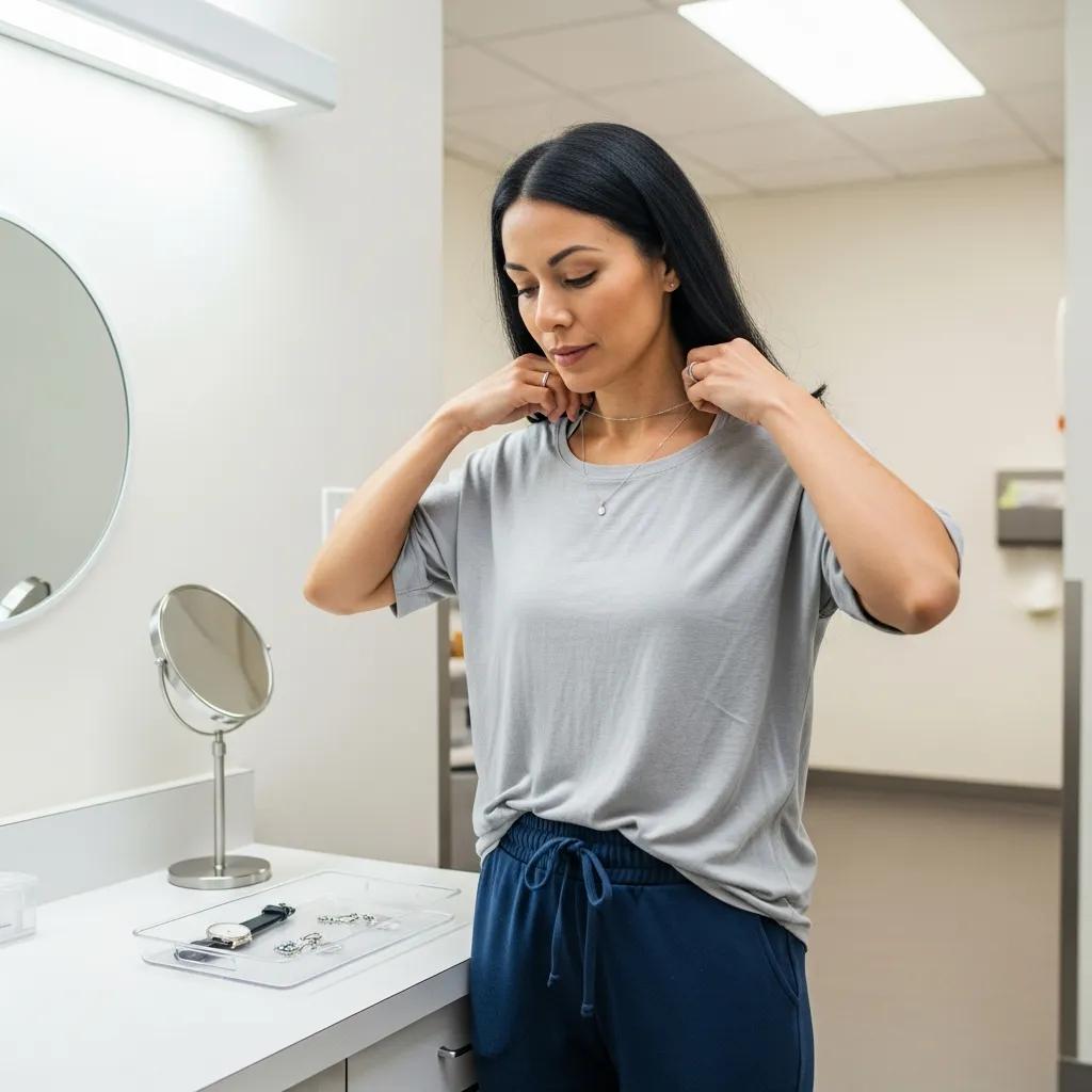 Patient removing jewelry and preparing for an MRI scan in a clinical setting, emphasizing comfort and readiness.