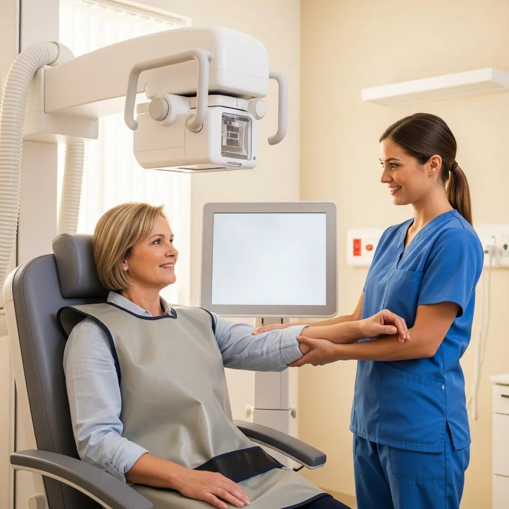 Patient undergoing digital x-ray procedure with technician ensuring comfort, showcasing modern imaging technology and patient care in a medical setting.