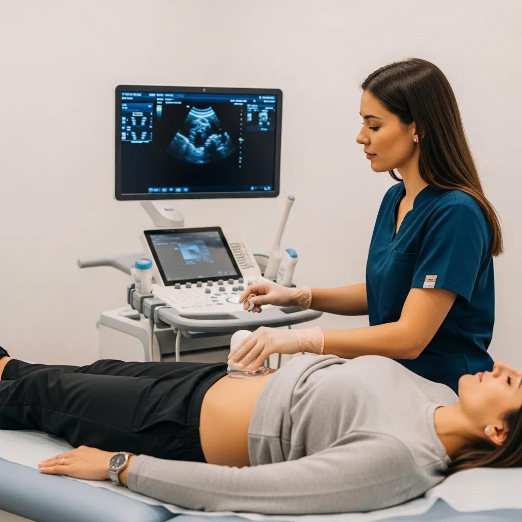Patient undergoing abdominal ultrasound scan with technician operating ultrasound machine in calm medical setting.