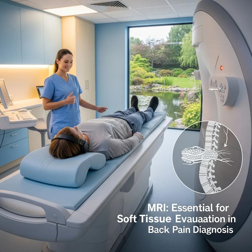 Patient undergoing MRI scan in a comfortable clinical environment, with a healthcare professional providing assistance, emphasizing MRI's role in soft tissue evaluation for back pain diagnosis.