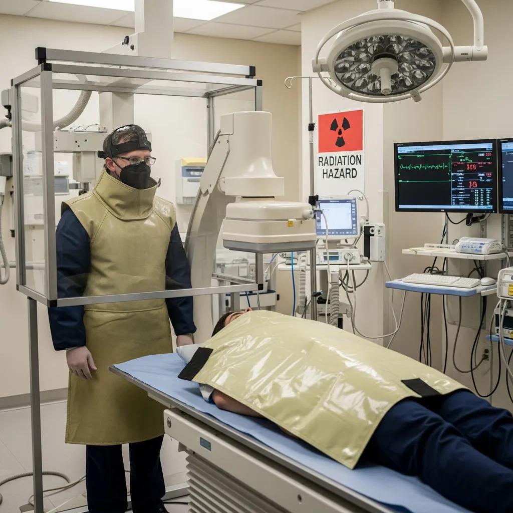 Radiologist ensuring safety measures with lead shield during fluoroscopy procedure