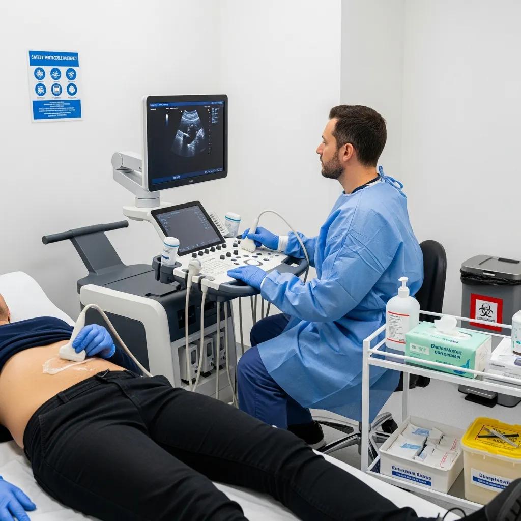 Technician ensuring safety measures during an abdominal ultrasound scan with clean equipment and patient monitoring