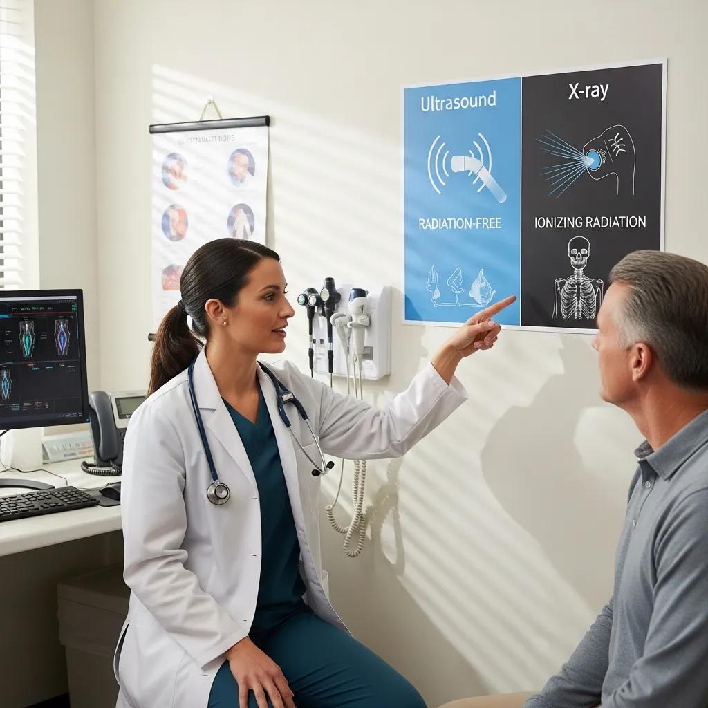 Healthcare professional discussing ultrasound and X-ray safety differences with a patient