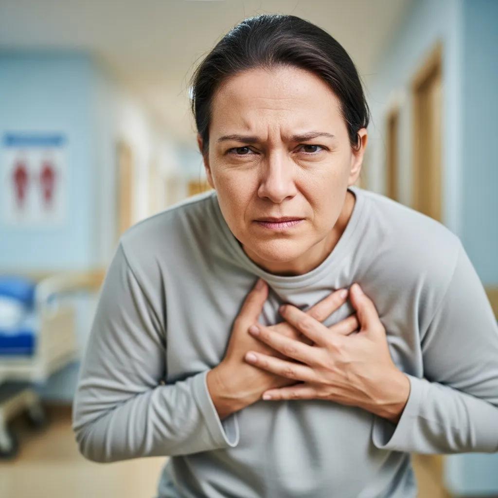 Individual showing signs of chest pain, highlighting the need for medical evaluation