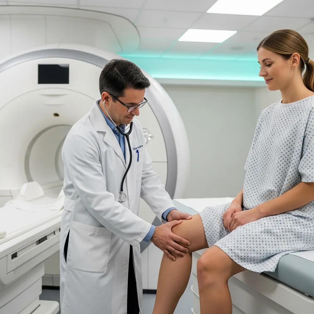 Medical professional examining a patient's knee in an MRI room, highlighting knee injury imaging procedures