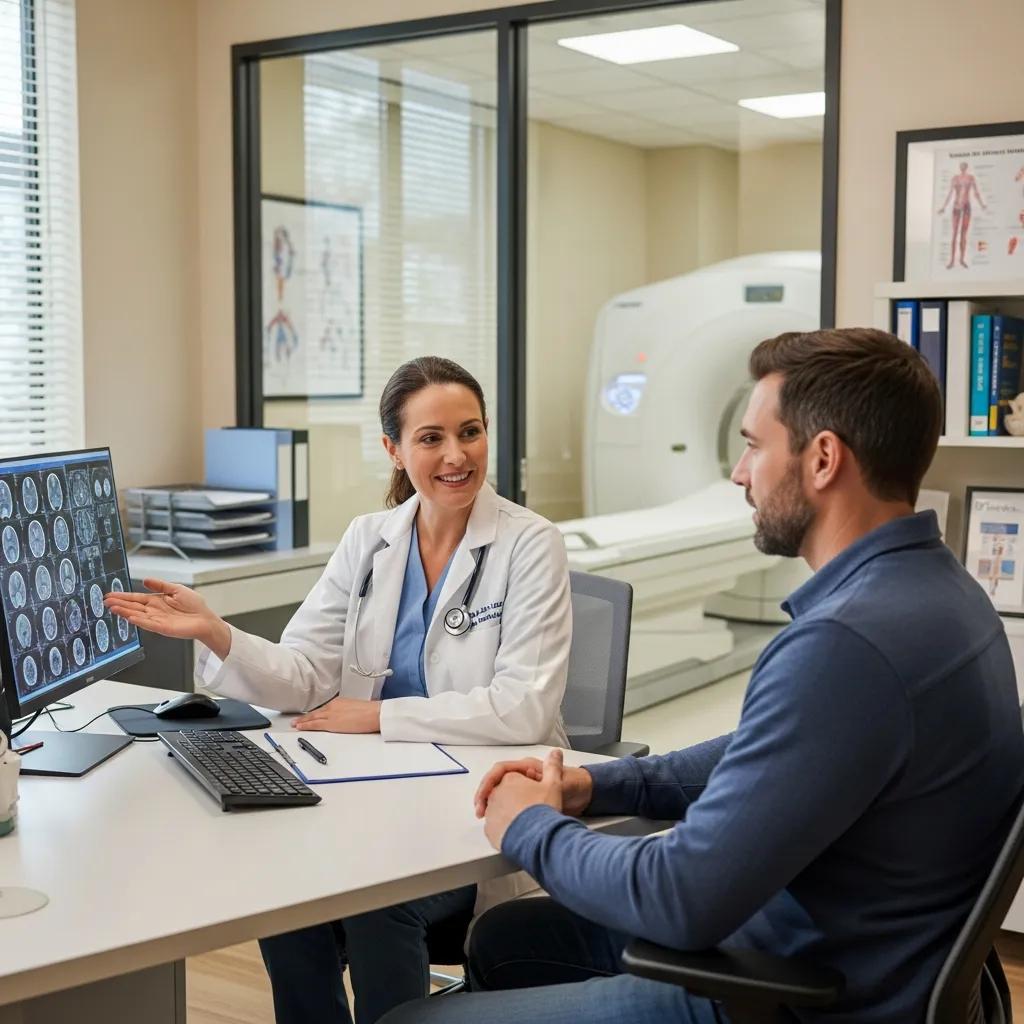 Patient discussing headache imaging options with a doctor in a medical setting