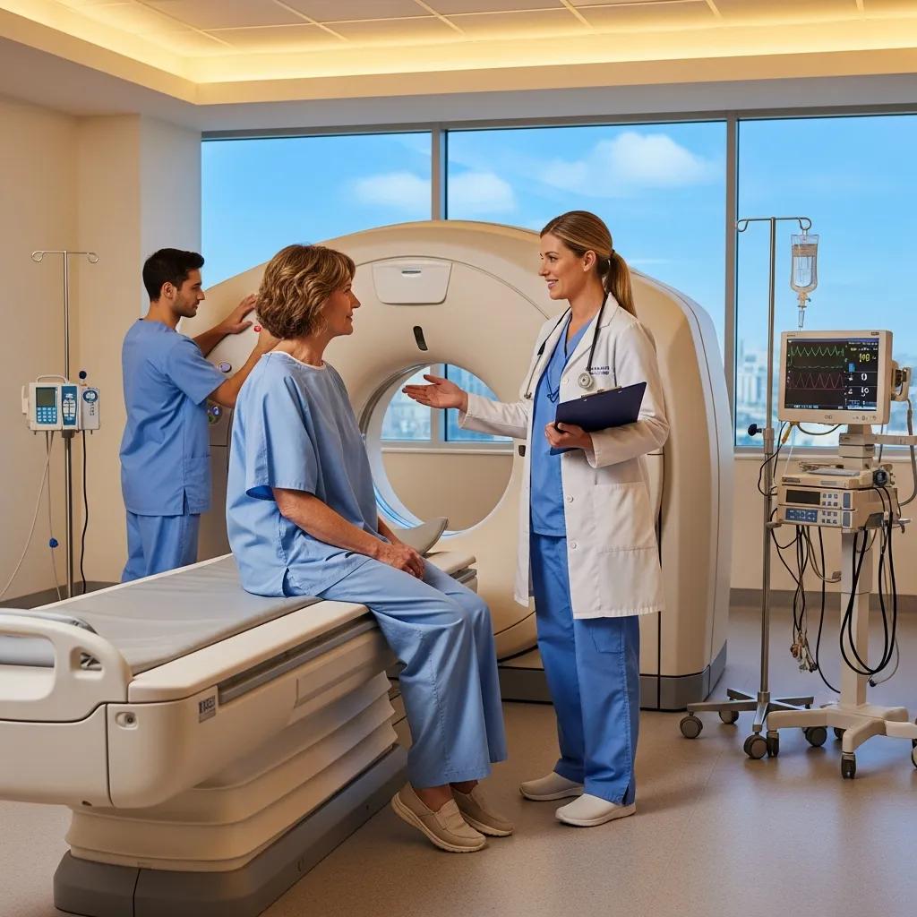 Patient preparing for a chest CT scan, illustrating the preparation process in a medical setting