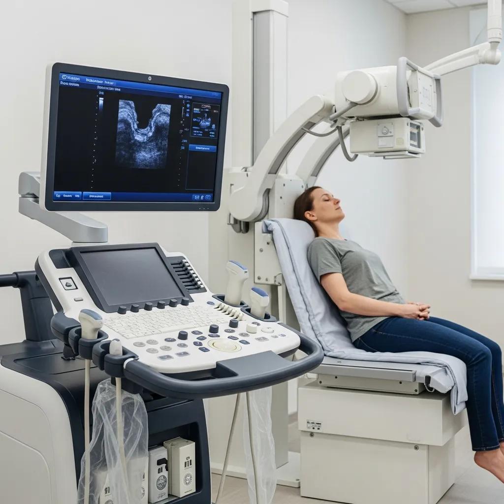 Ultrasound and X-ray machines in a modern medical setting, illustrating medical imaging techniques