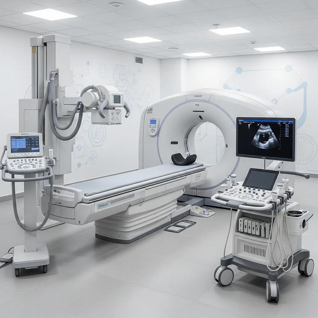 Various radiology equipment including X-ray machine, CT scanner, and ultrasound device