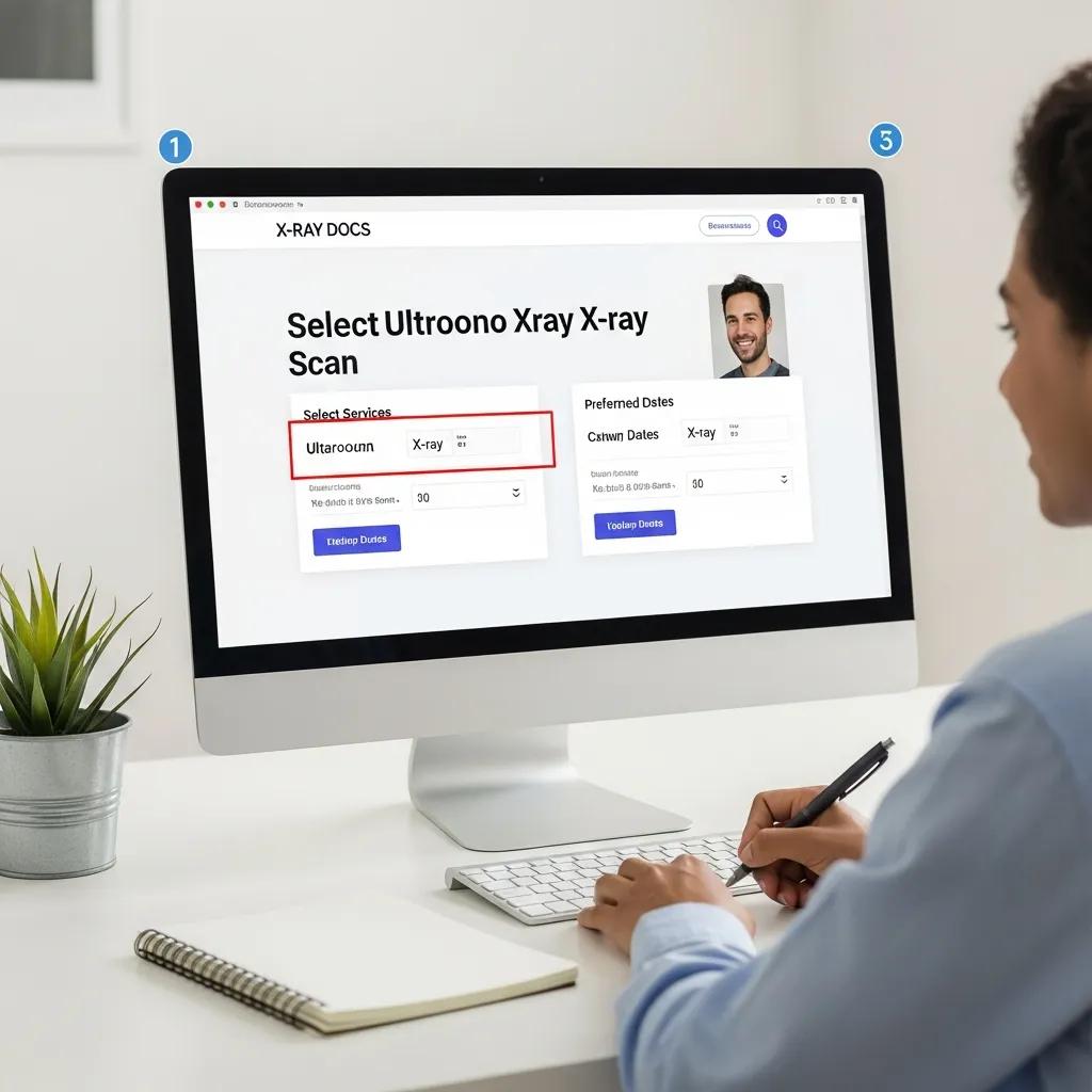 Visual guide for booking an ultrasound or X-ray scan online at X-Ray Docs