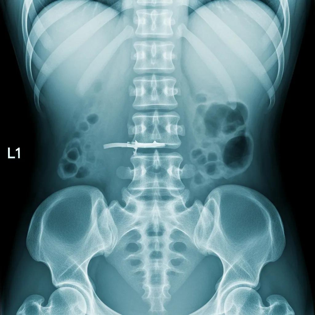 X-Ray image of the lumbar spine showing bone structures and potential fractures