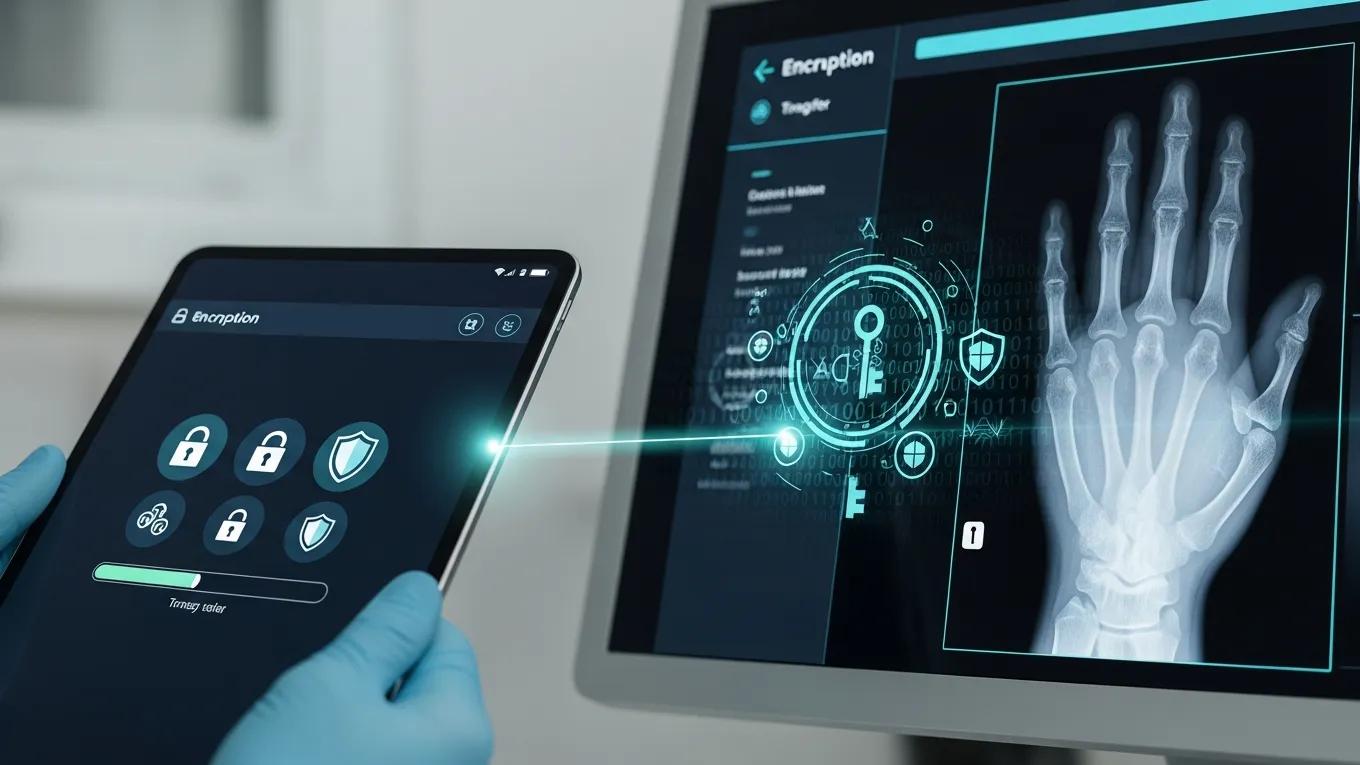 Close-up of a digital interface showing secure transfer of encrypted medical images between devices