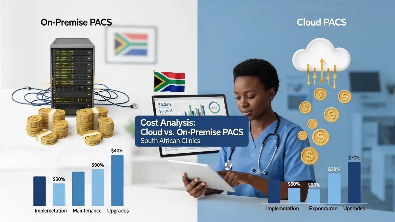 Cost comparison of cloud PACS and on-premise PACS with visual elements highlighting financial analysis