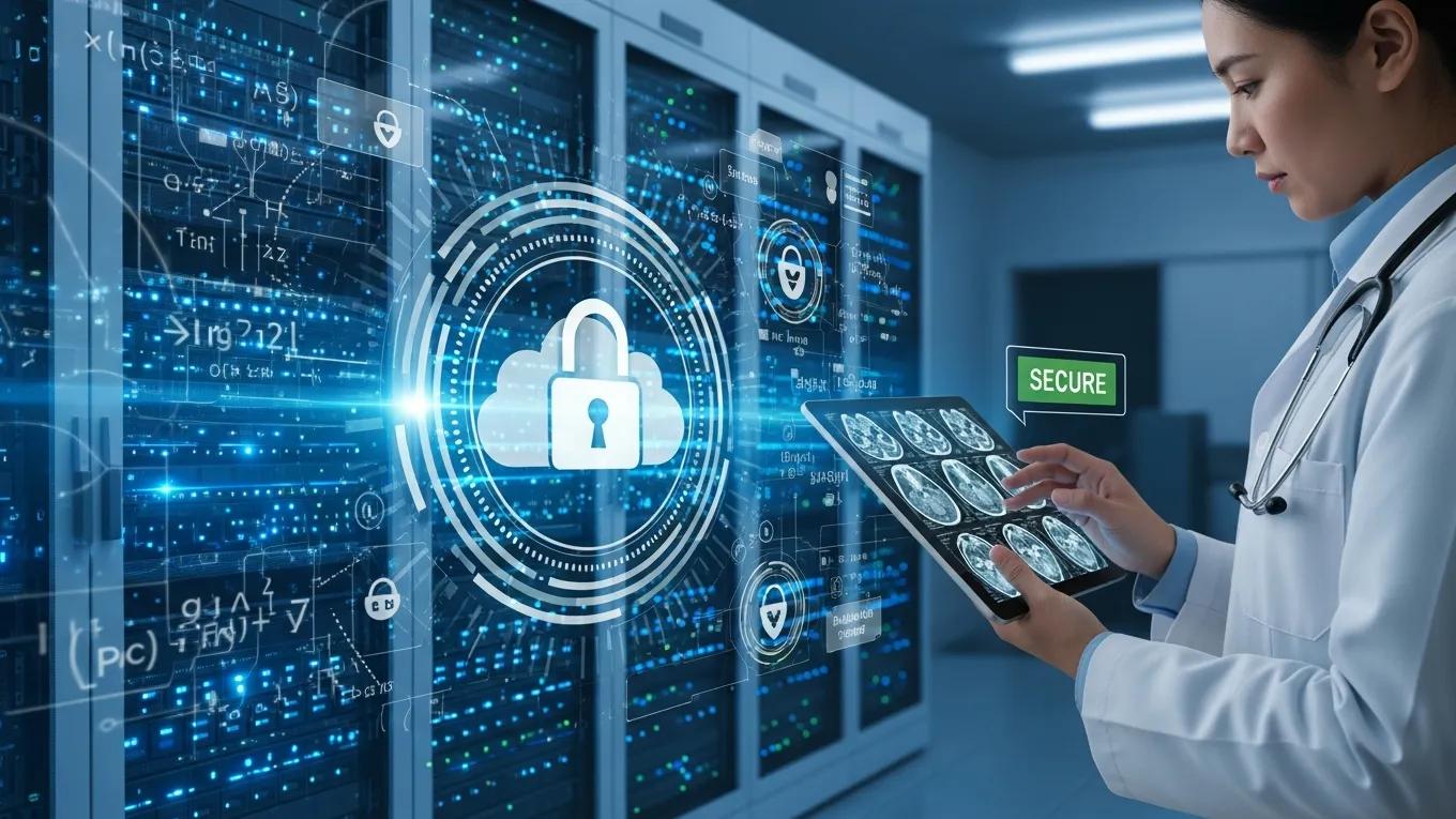 Cybersecurity in cloud PACS, showcasing data protection methods in a healthcare environment