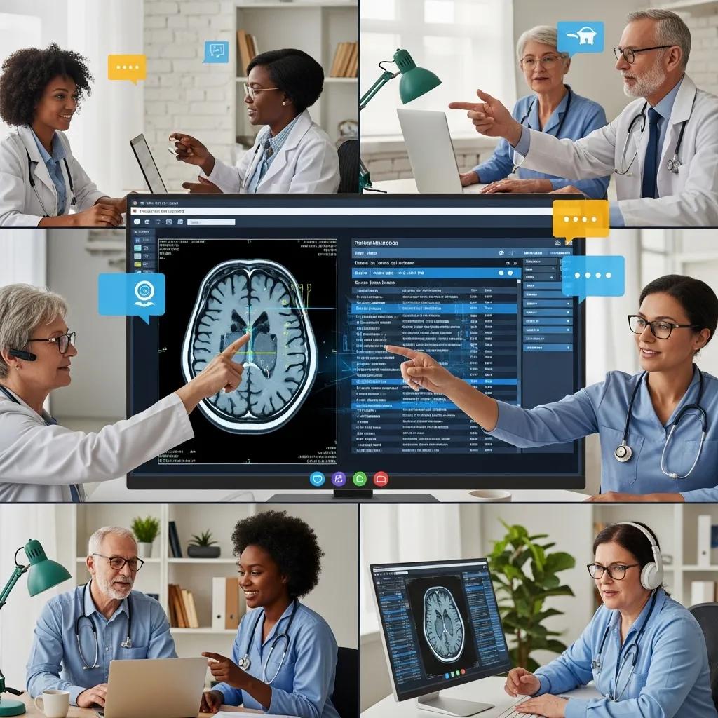 Diverse group of radiologists collaborating remotely via video conferencing with medical images
