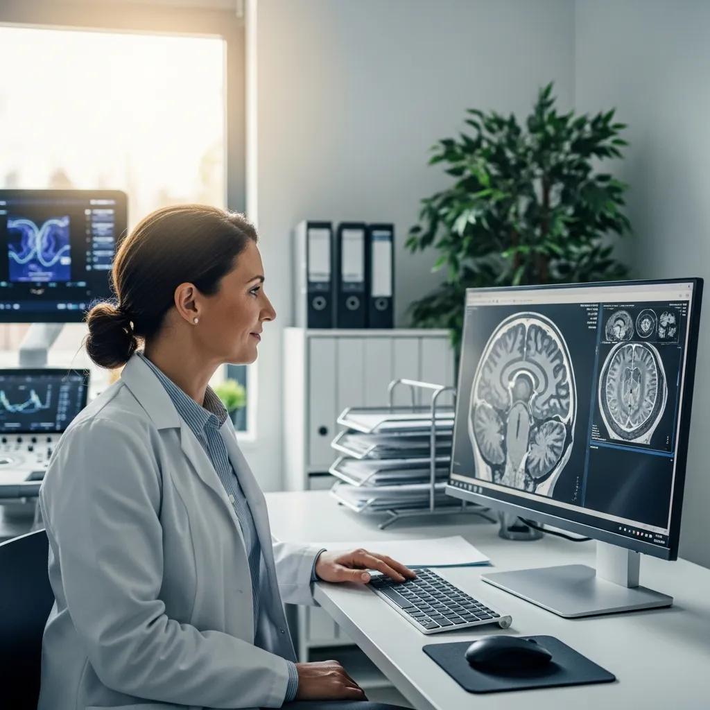 General practitioner reviewing radiological images on a digital device in a modern clinic