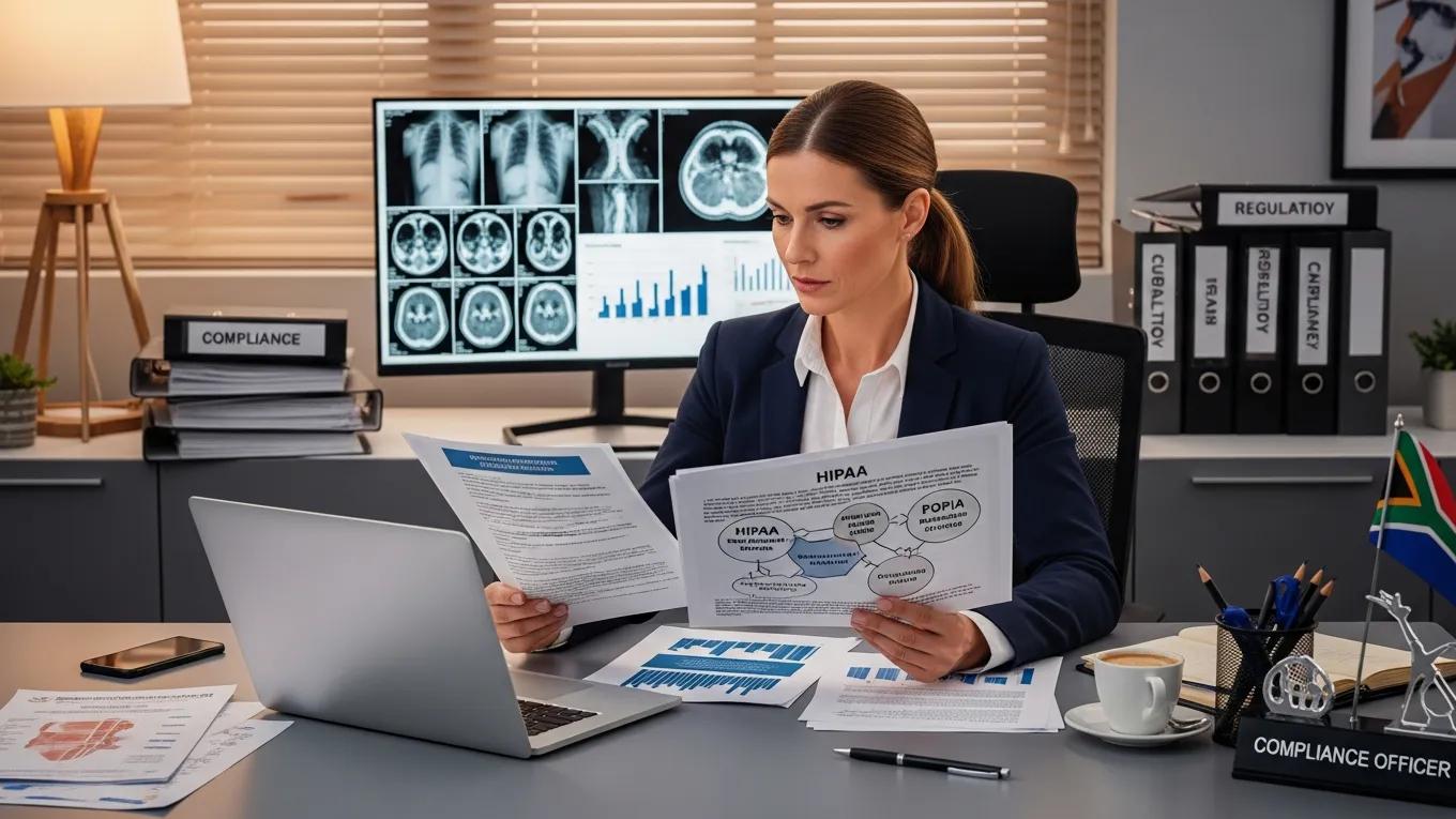 Healthcare compliance officer studying HIPAA and POPIA guidelines in an office with medical images