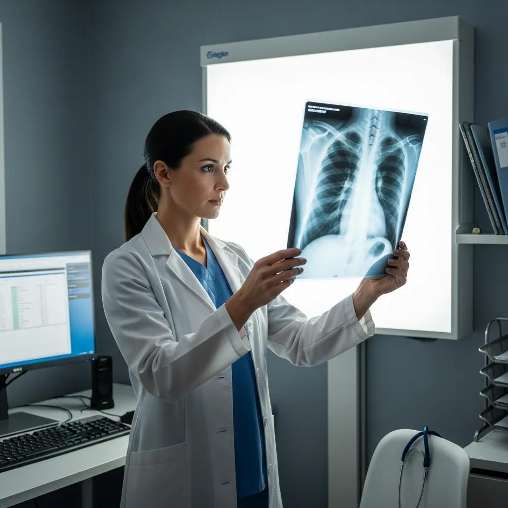 Healthcare professional analyzing a chest X-ray in a clinical environment