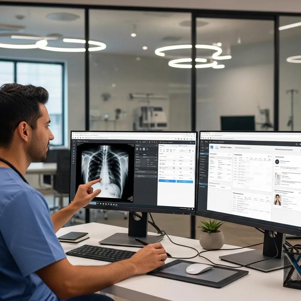 Healthcare professional integrating teleradiology software into practice management system