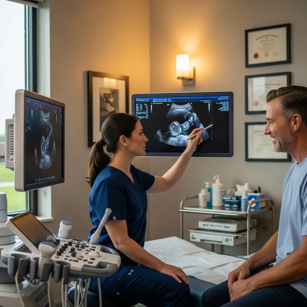 Medical professional reviewing abdominal ultrasound scan in a modern clinic
