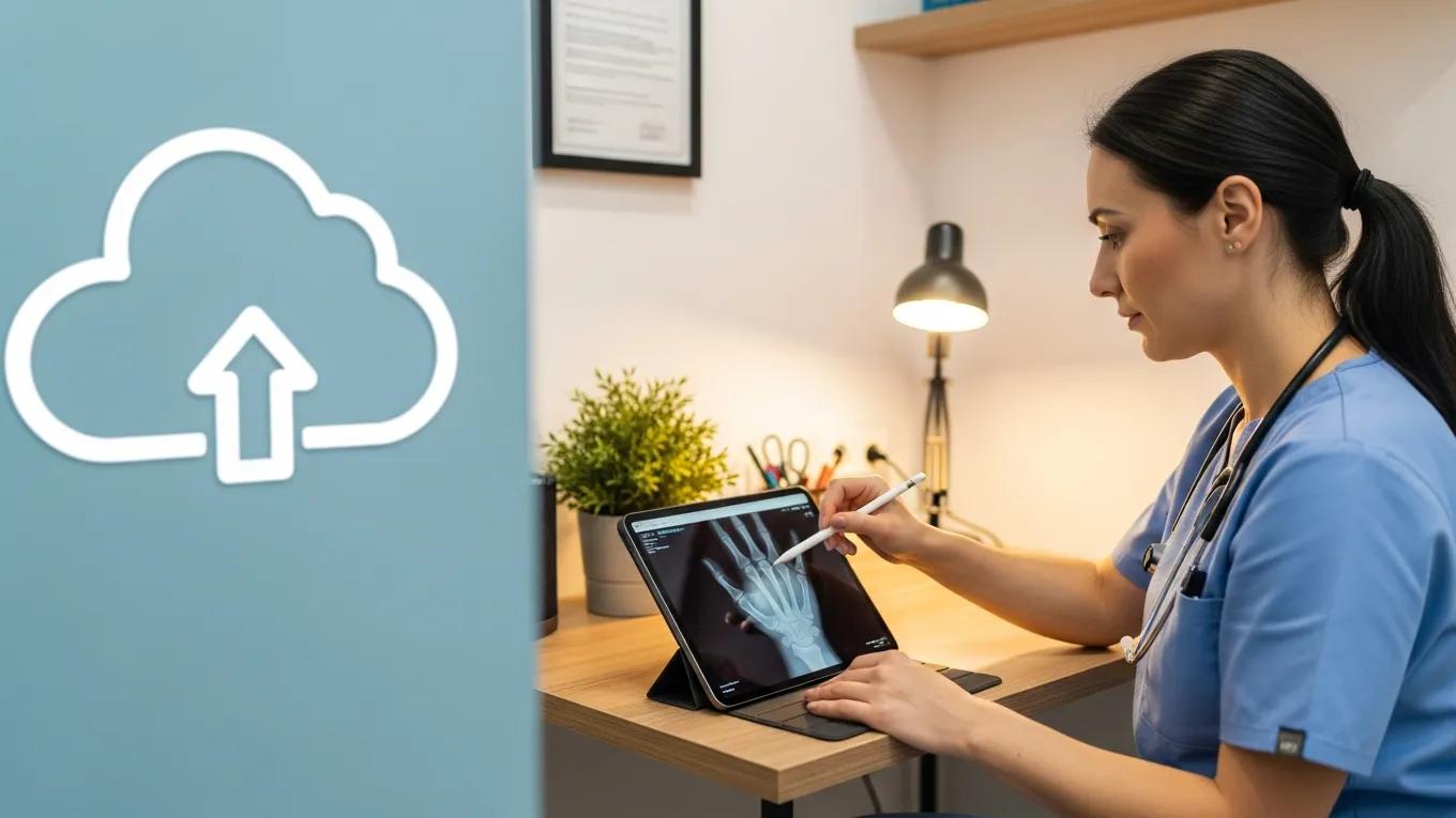 Medical professional utilizing cloud-based PACS for radiological image access in a small clinic