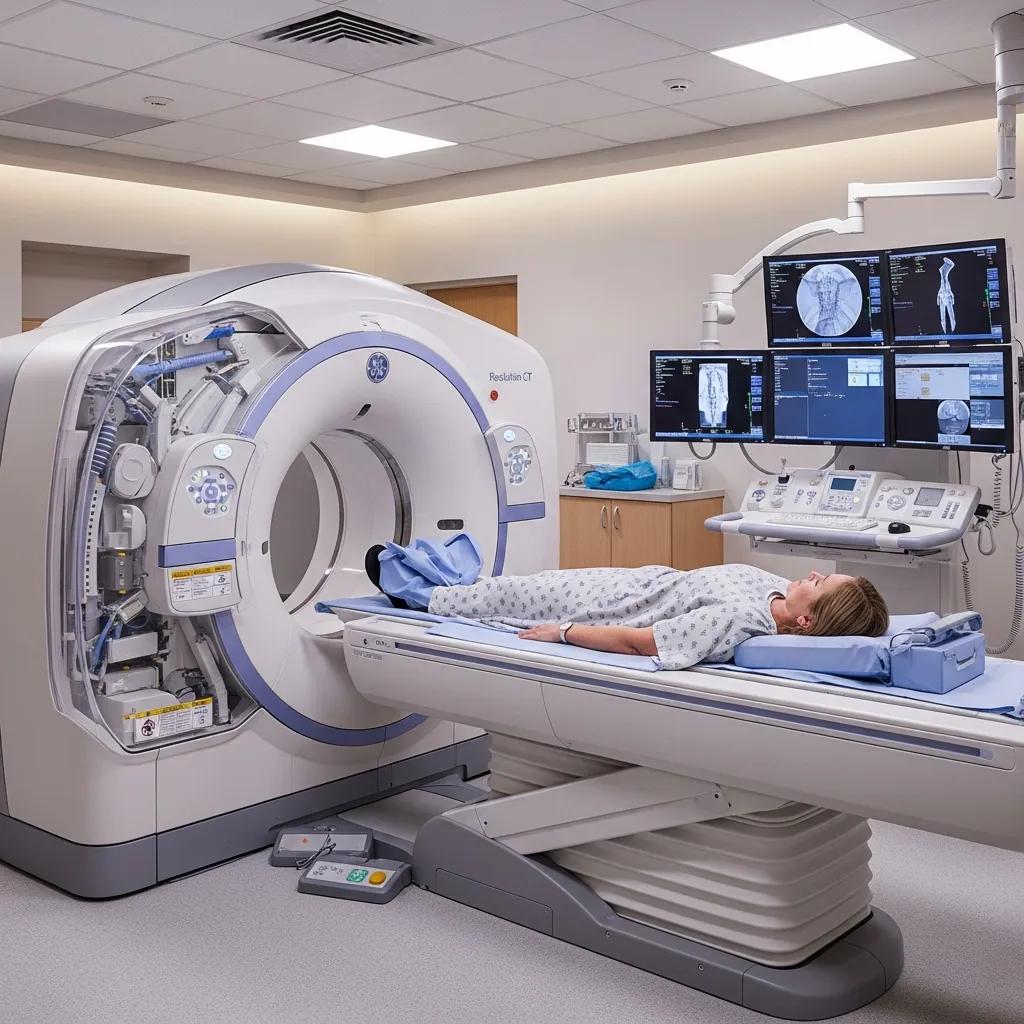 Patient being prepared for a CT scan in a modern medical facility