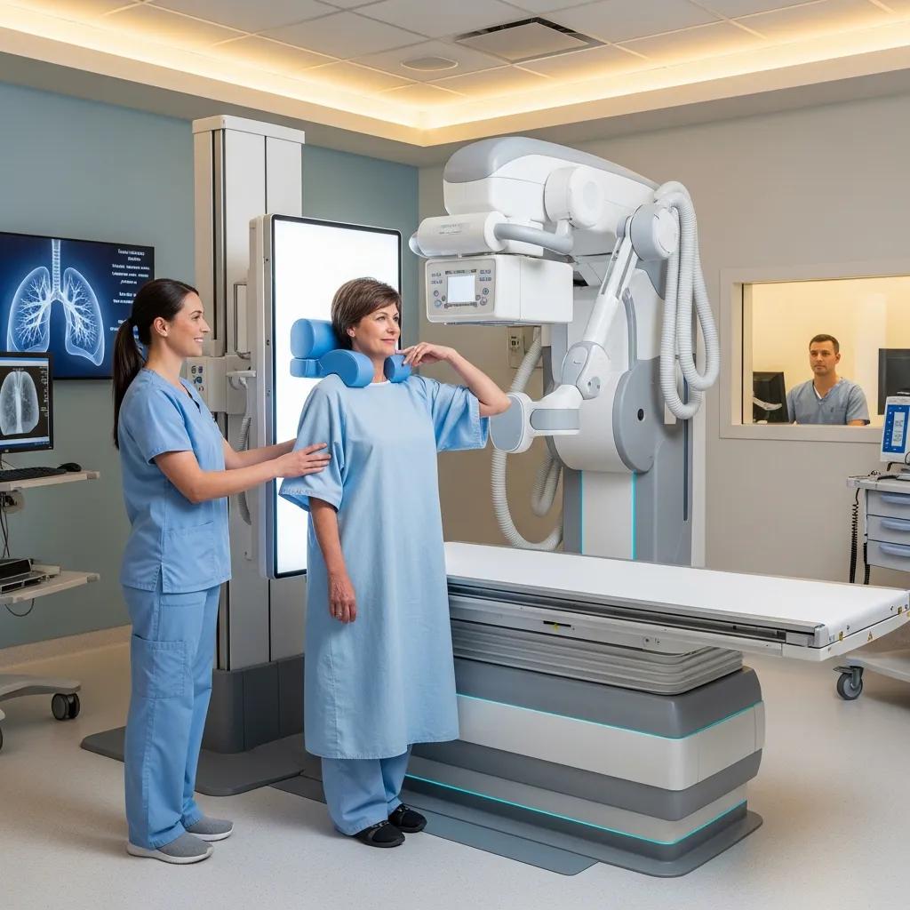 Patient receiving a chest X-ray in a medical facility