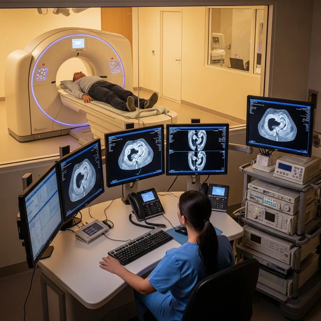 Patient undergoing a CT scan for abdominal pain evaluation in a medical facility