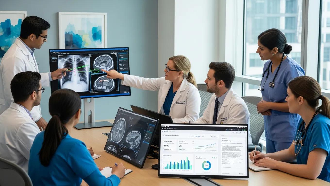 Quality assurance meeting in a healthcare clinic focused on fast and accurate radiology reporting
