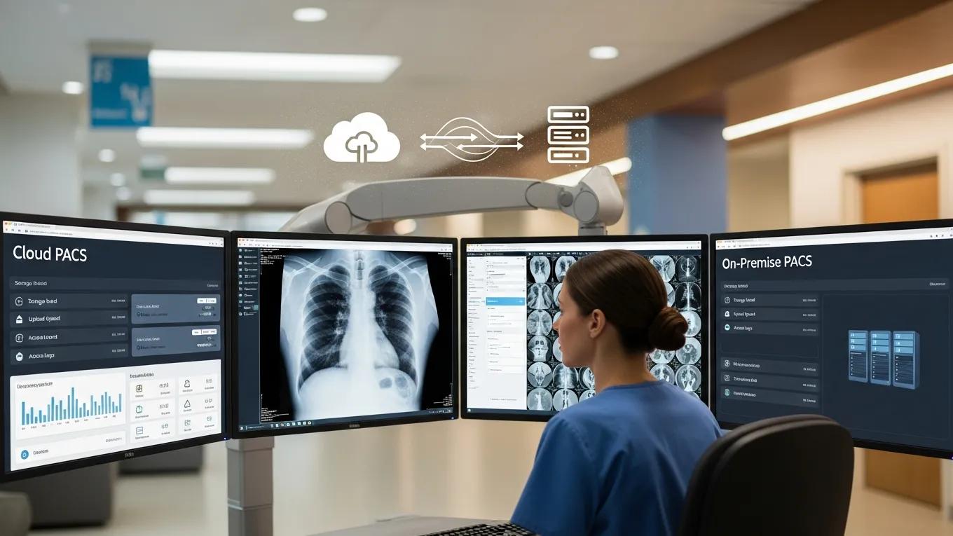 Radiologist accessing cloud-based PACS on a computer in a South African clinic