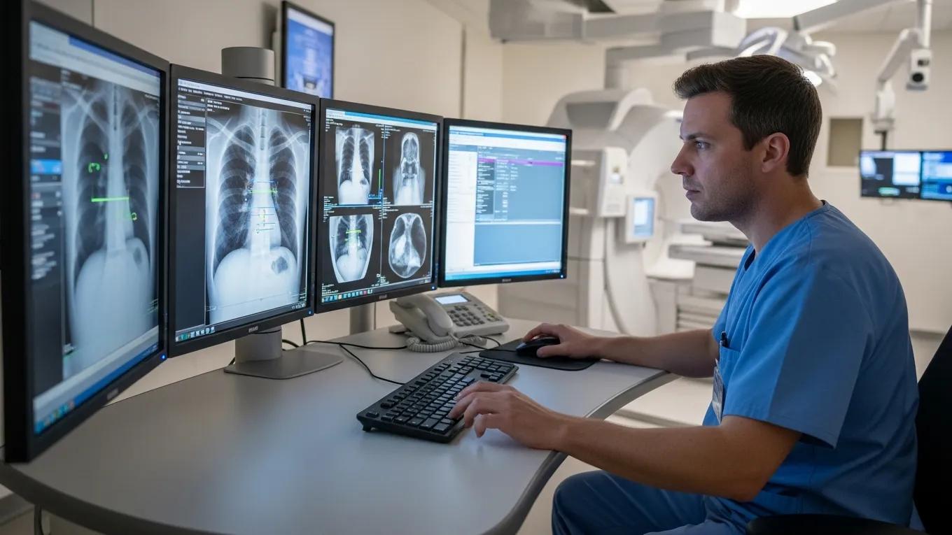 Radiologist interpreting medical images using teleradiology technology