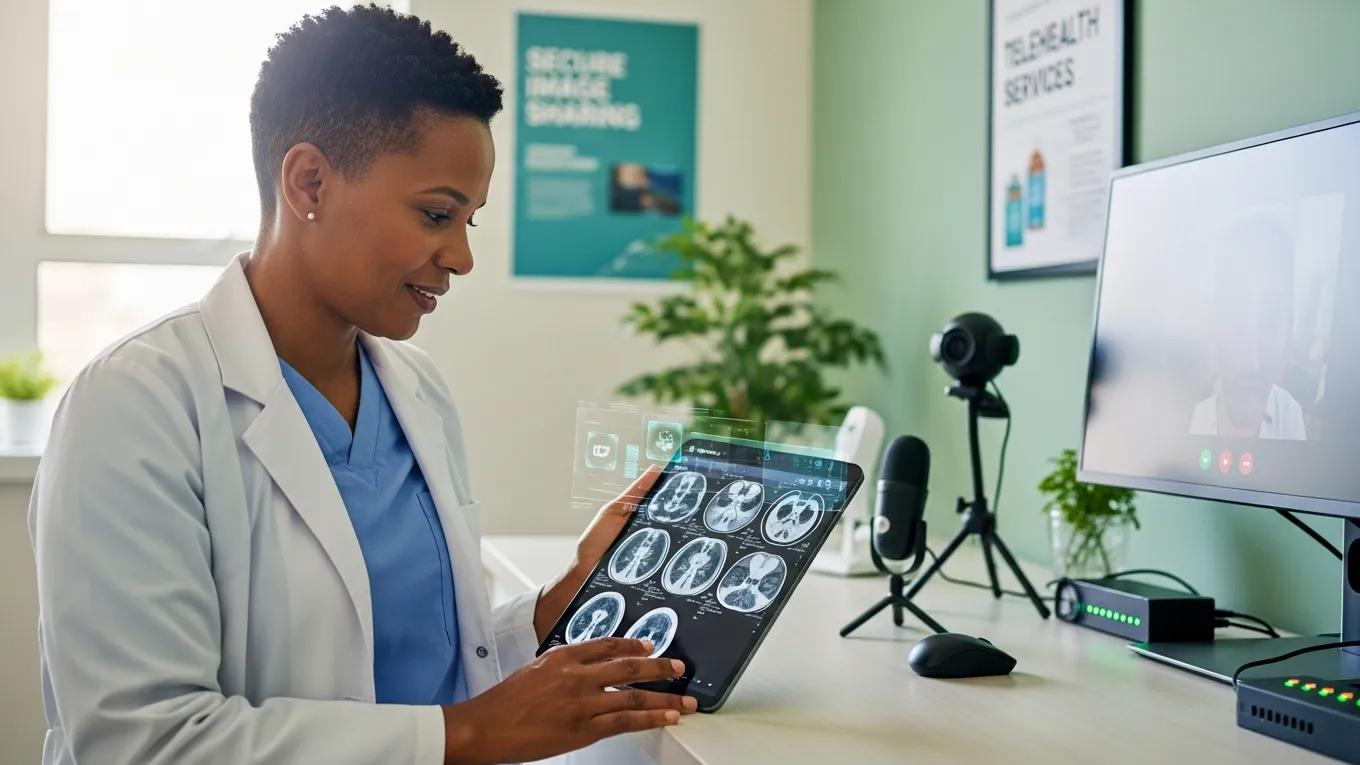 South African doctor reviewing secure medical images in a clinical setting, reflecting advanced telemedicine practices